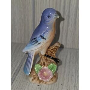 Vintage Blue Jay Bird Figurine Porcelain On Flower Tree Stump Made In Japan